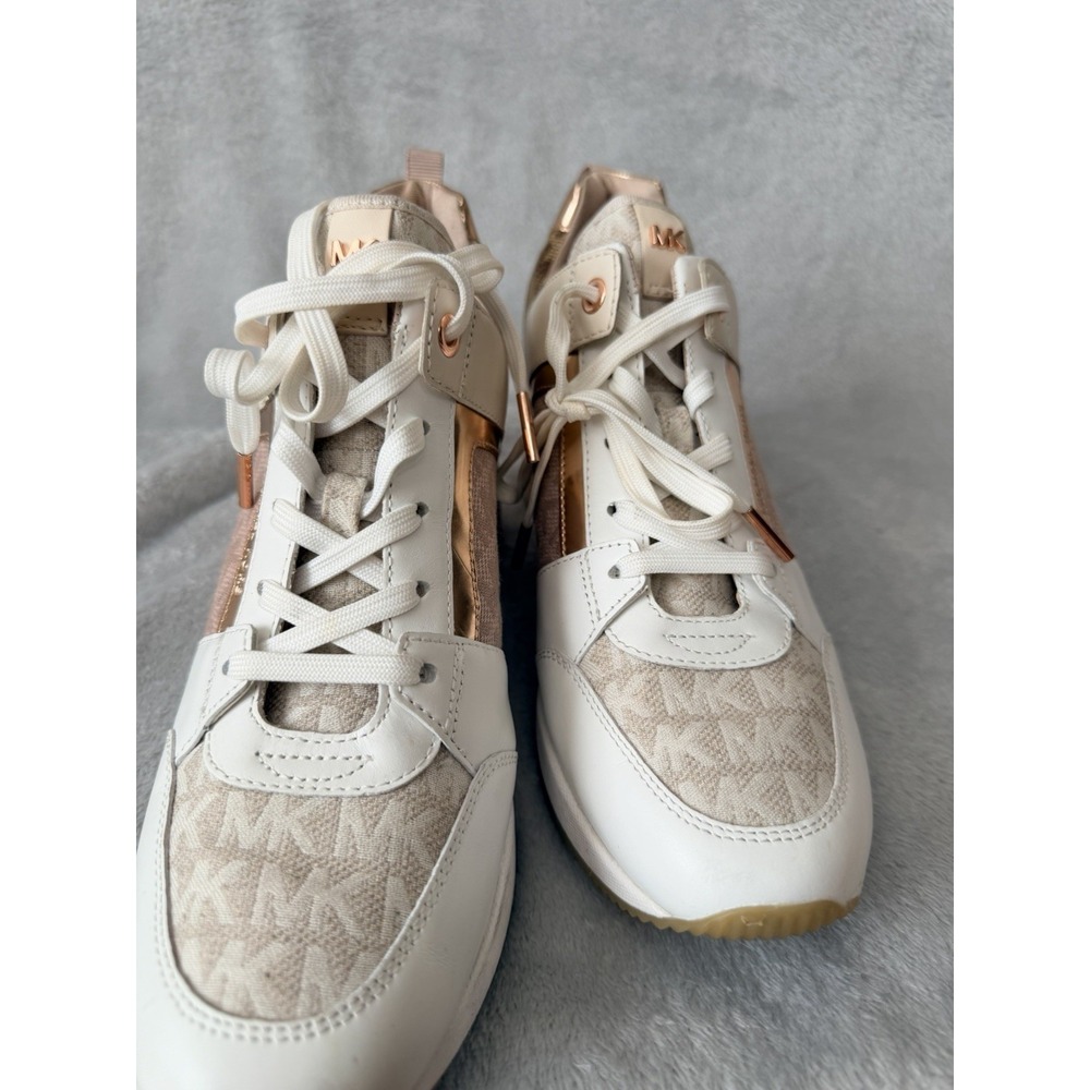 Michael Kors Rose Gold Georgie Trainer Sneakers Heels SZ 9 Leather Canvas Pink - Picture 3 of 9
